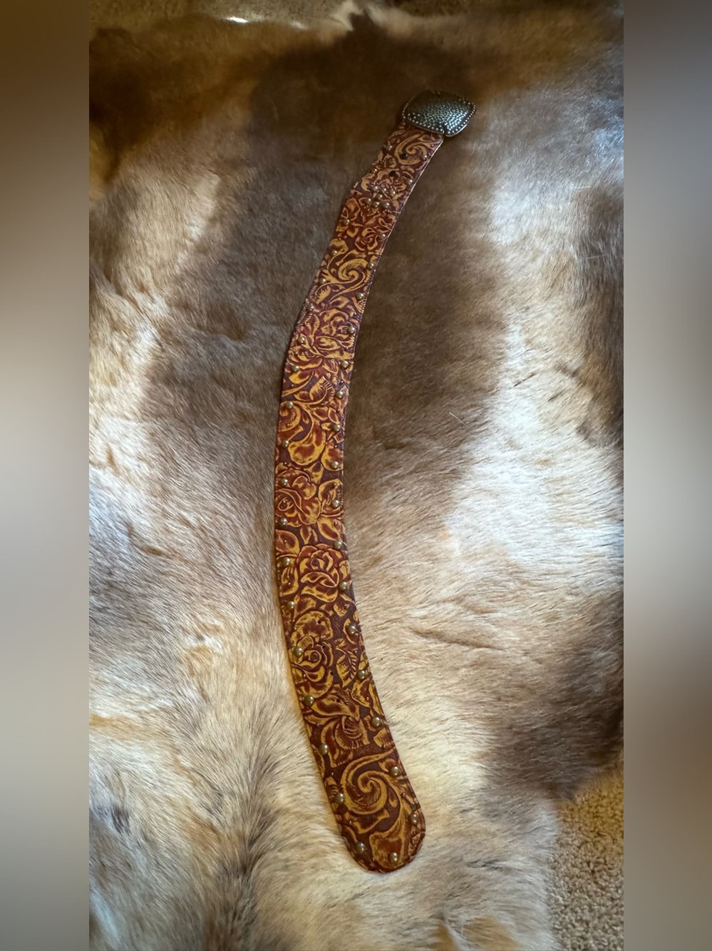 Handcrafted Brown Tooled Leather Belt - Women Accessories
